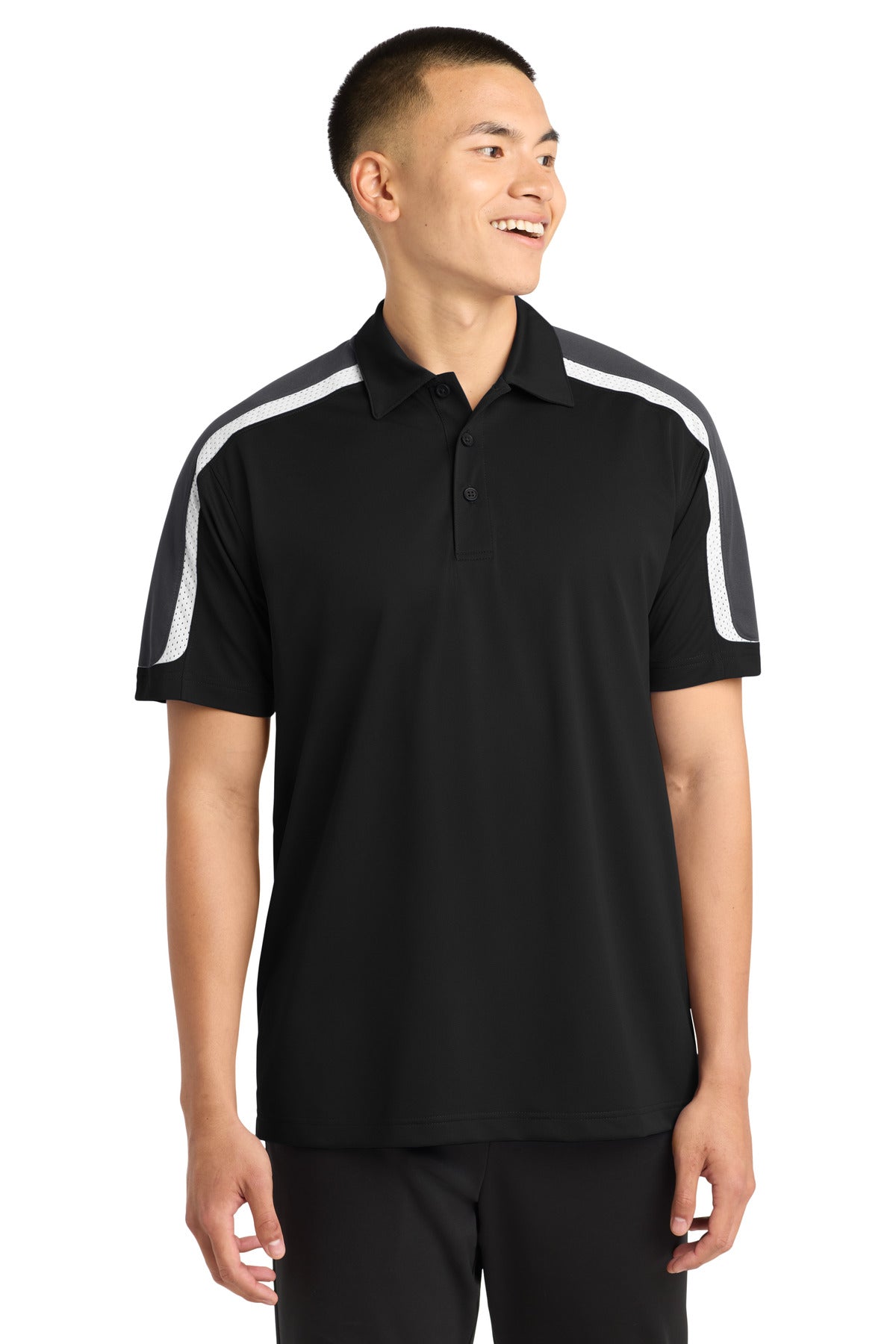 Sport-Tek Tricolor Shoulder Micropique Sport-Wick Polo ST658 Black/ Iron Grey/ White