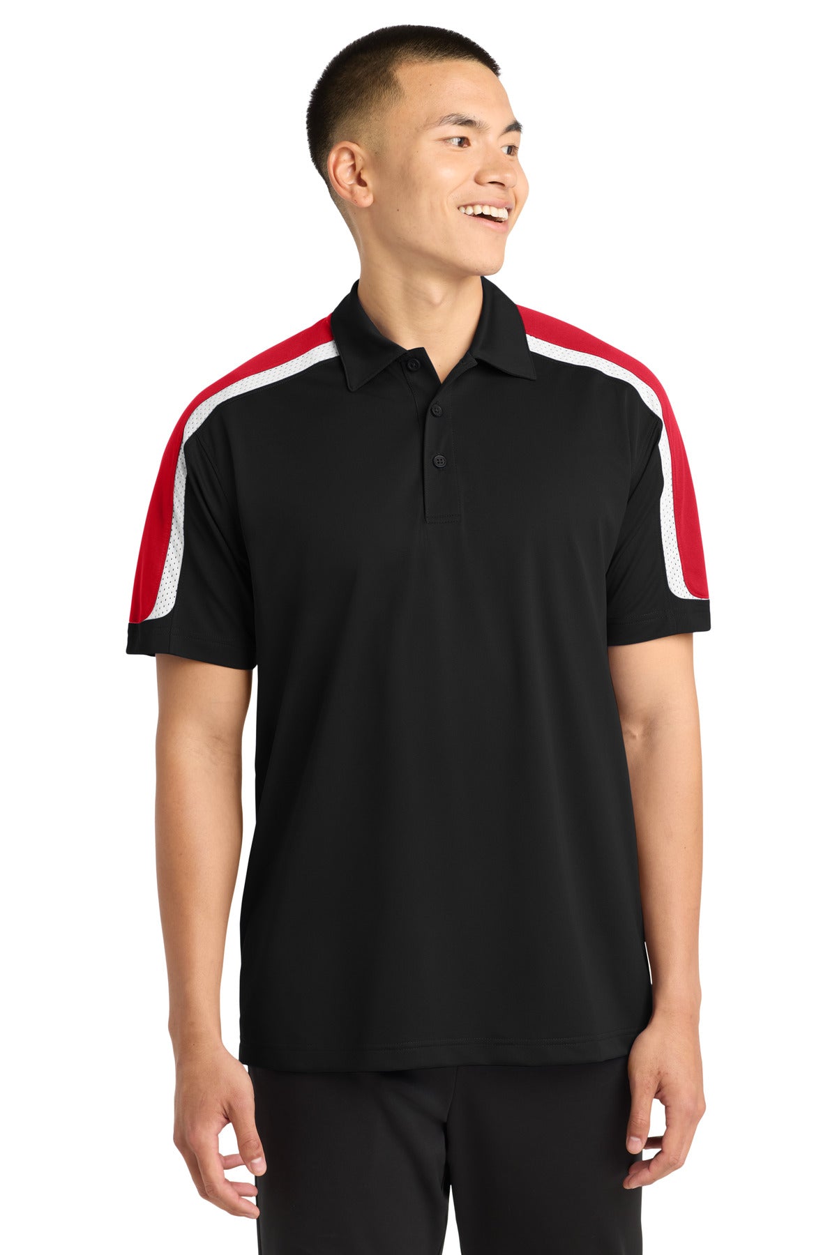 Sport-Tek Tricolor Shoulder Micropique Sport-Wick Polo ST658 Black/ True Red/ White