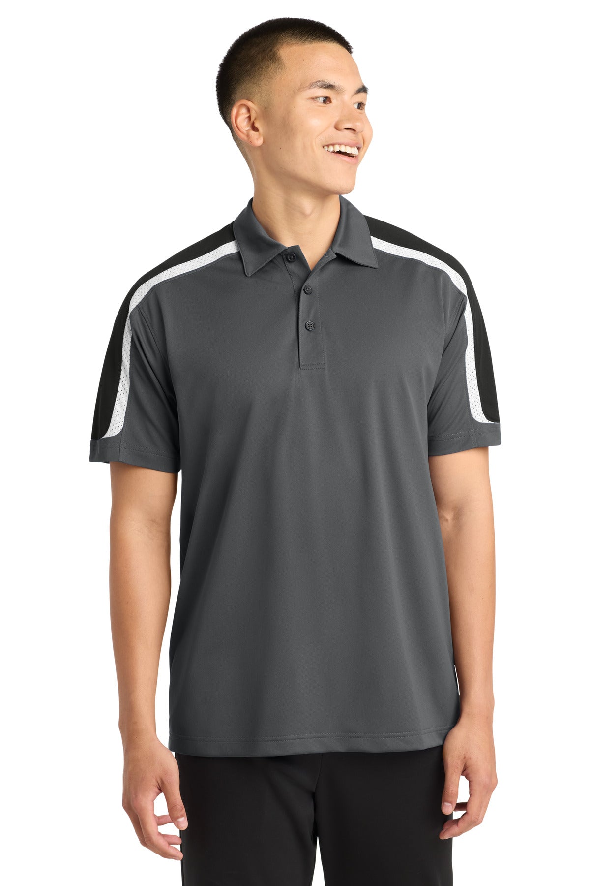 Sport-Tek Tricolor Shoulder Micropique Sport-Wick Polo ST658 Iron Grey/ Black/ White
