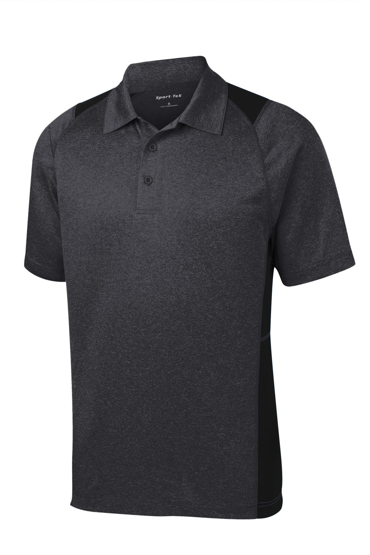 Sport-Tek Heather Colorblock Contender Polo. ST665 Graphite Heather/ Black