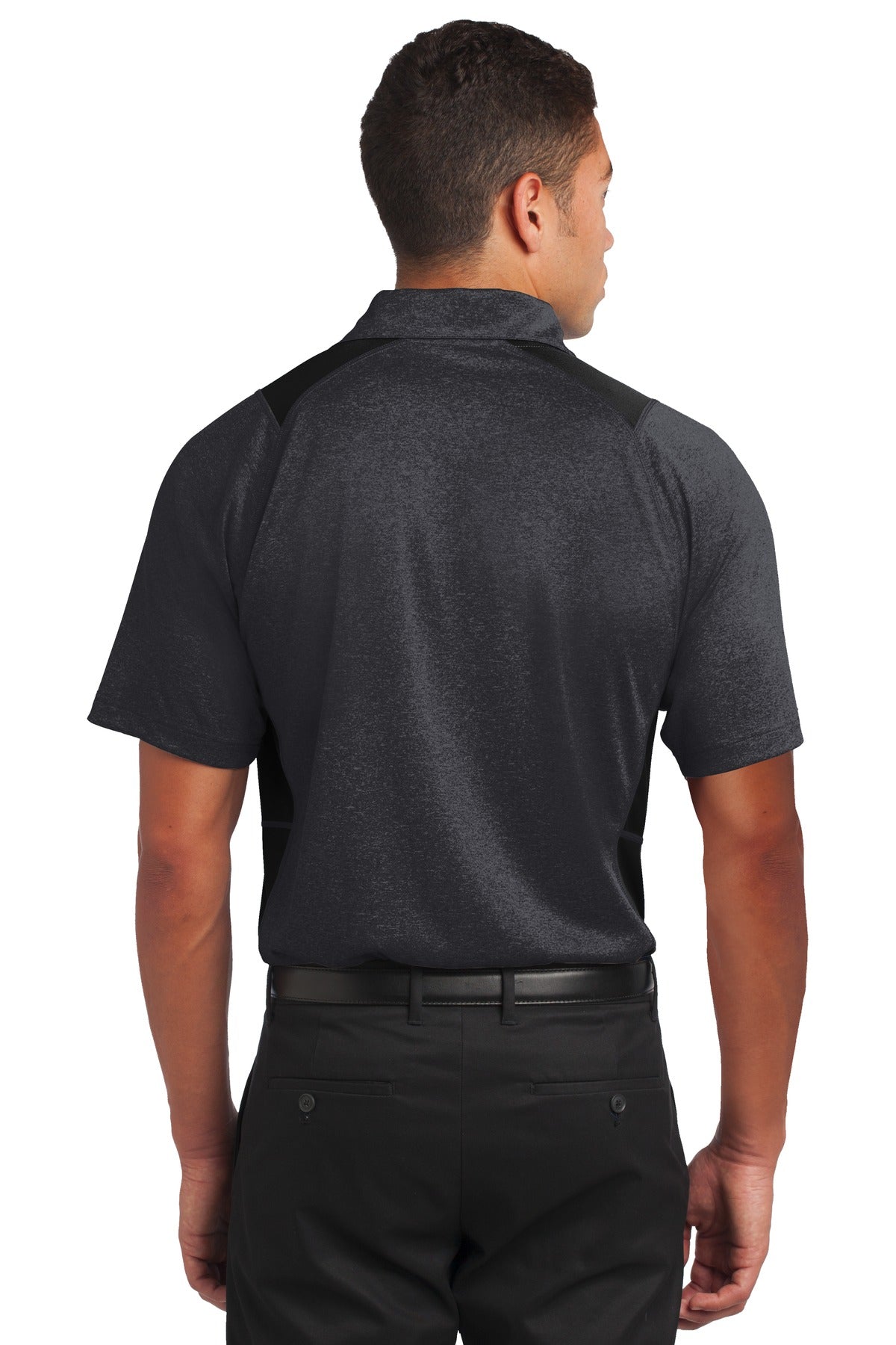Sport-Tek Heather Colorblock Contender Polo. ST665 Graphite Heather/ Black
