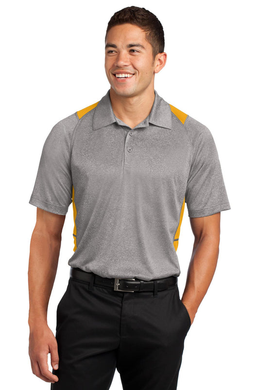 Sport-Tek Heather Colorblock Contender Polo. ST665 Vintage Heather/ Gold