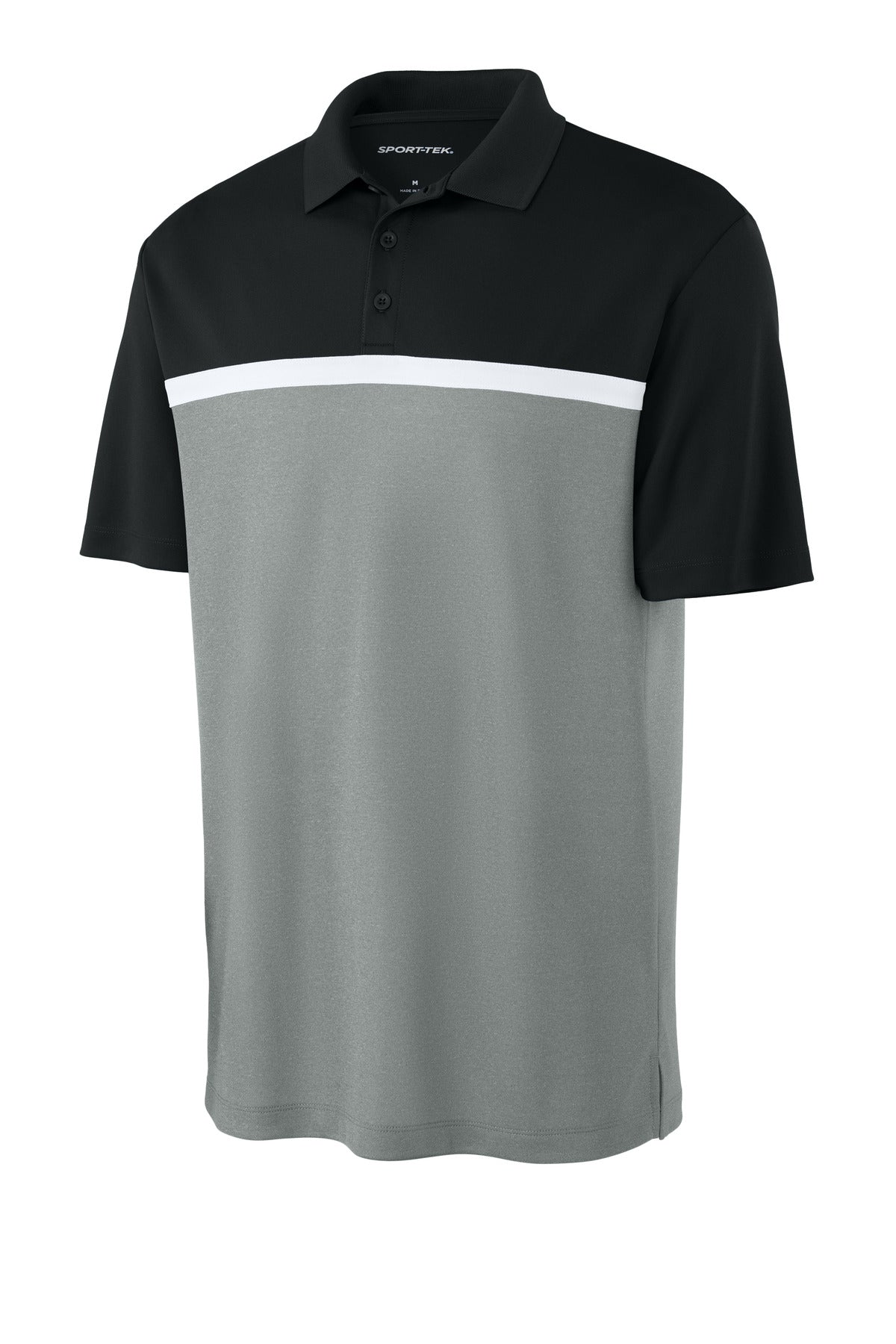 Sport-Tek UV Micropique Colorblock Polo ST741 Black/ Grey Concrete Heather/ White