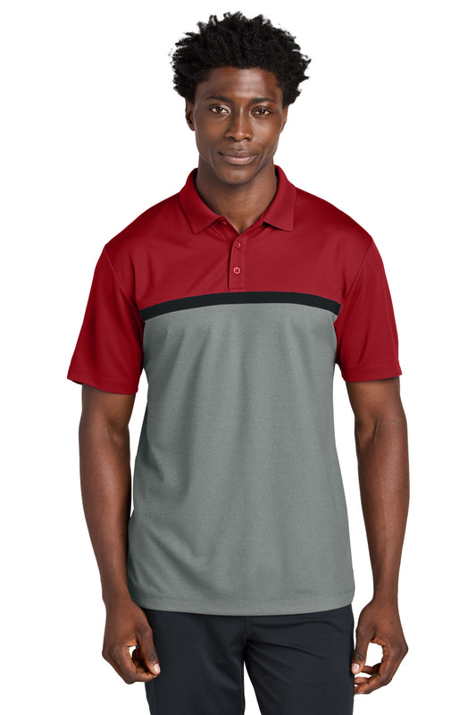 Sport-Tek UV Micropique Colorblock Polo ST741 Deep Red/ Grey Concrete Heather/ Black
