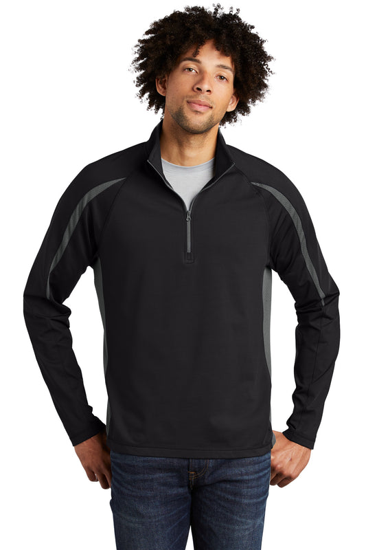 Sport-Tek Sport-Wick Stretch 1/2-Zip Colorblock Pullover. ST851 Black/ Charcoal Grey