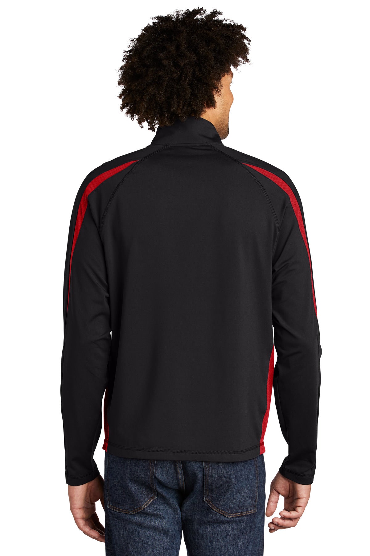 Sport-Tek Sport-Wick Stretch 1/2-Zip Colorblock Pullover. ST851 Black/ True Red