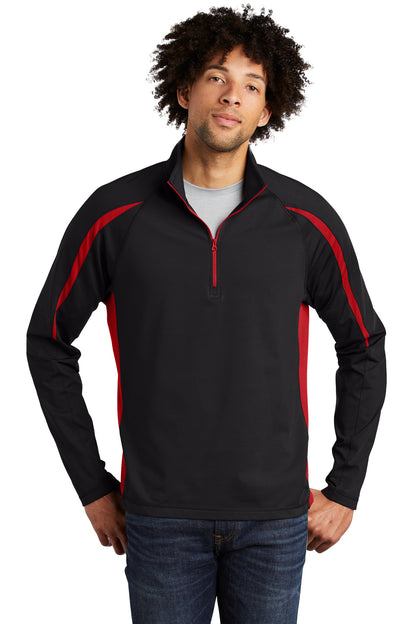 Sport-Tek Sport-Wick Stretch 1/2-Zip Colorblock Pullover. ST851 Black/ True Red