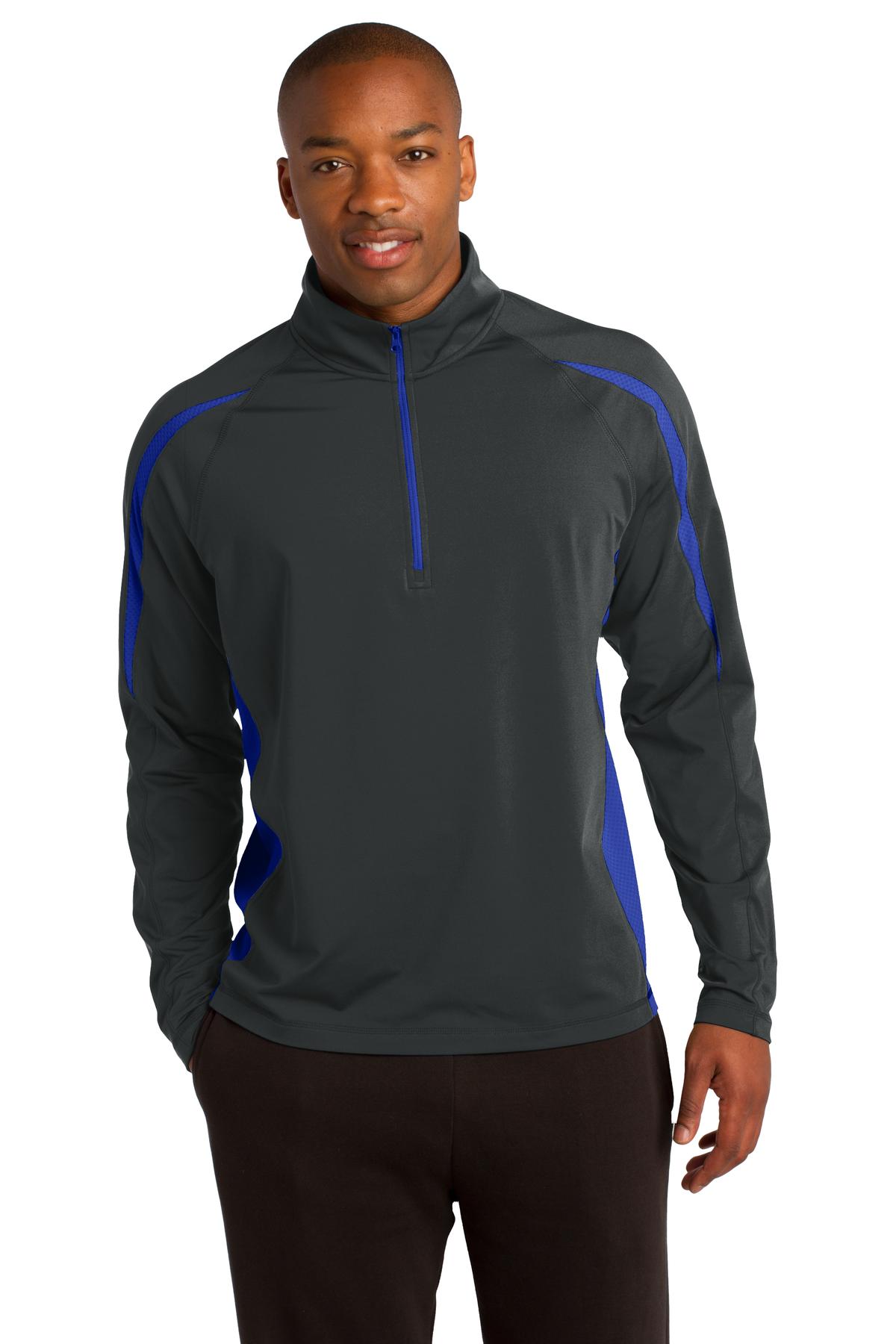 Sport-Tek Sport-Wick Stretch 1/2-Zip Colorblock Pullover. ST851 Charcoal Grey/ True Royal