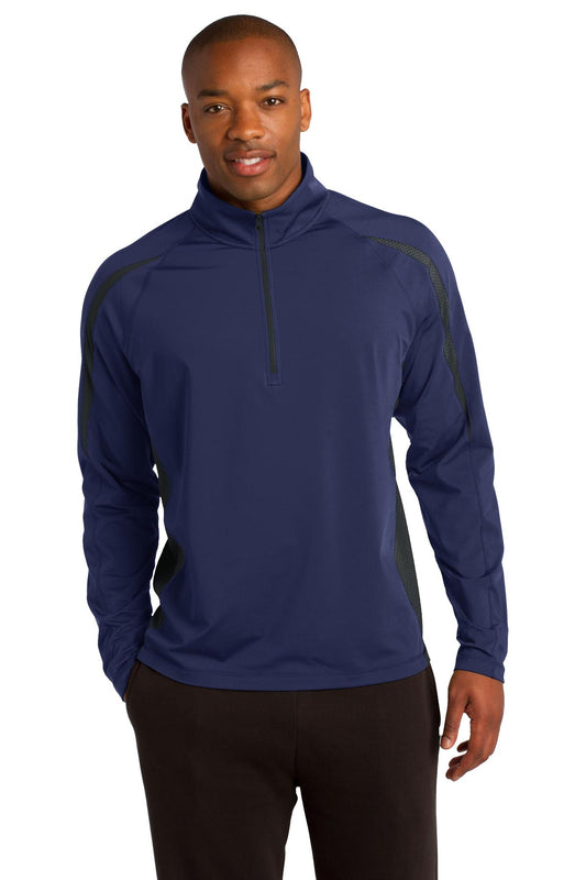 Sport-Tek Sport-Wick Stretch 1/2-Zip Colorblock Pullover. ST851 True Navy/ Charcoal Grey