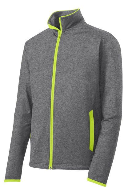 Sport-Tek Sport-Wick Stretch Contrast Full-Zip Jacket.  ST853 Charcoal Grey Heather/ Charge Green