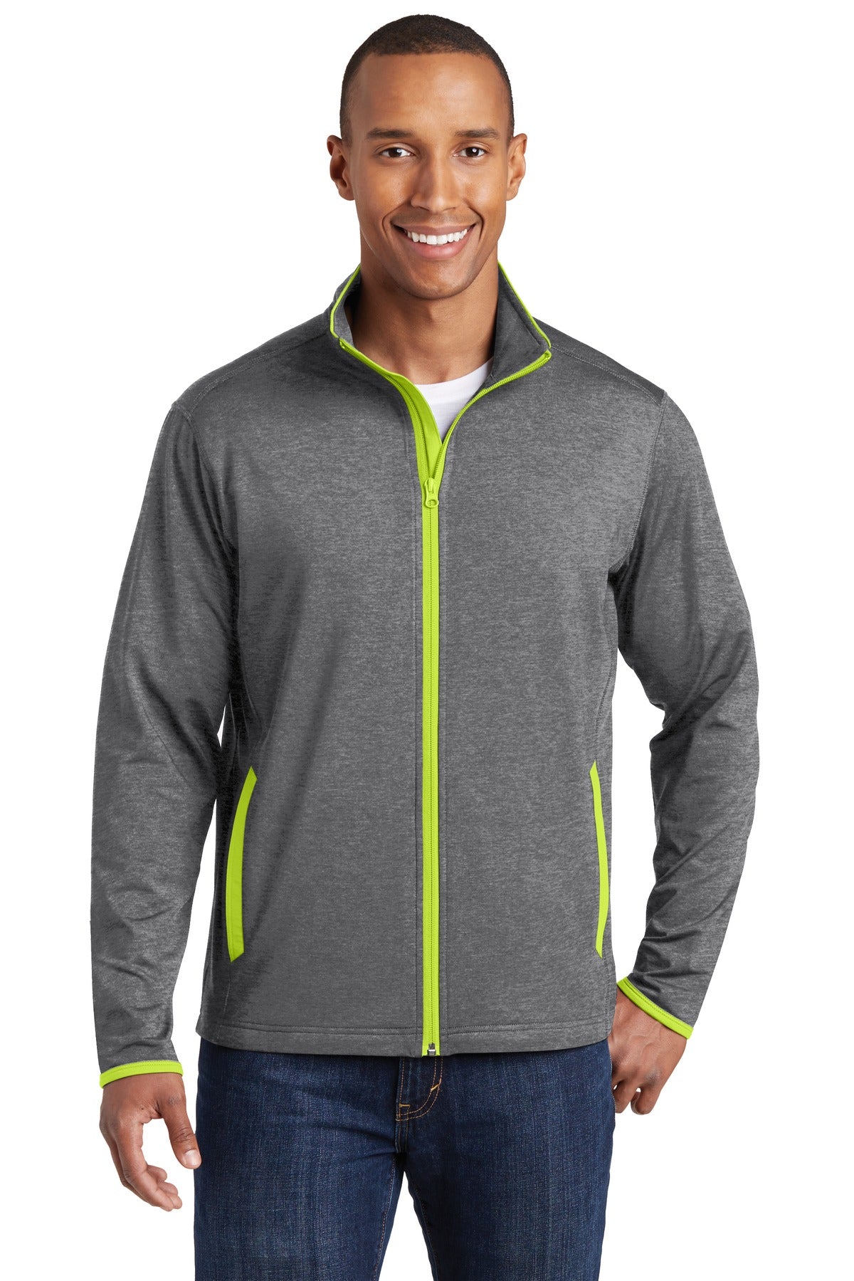 Sport-Tek Sport-Wick Stretch Contrast Full-Zip Jacket.  ST853 Charcoal Grey Heather/ Charge Green
