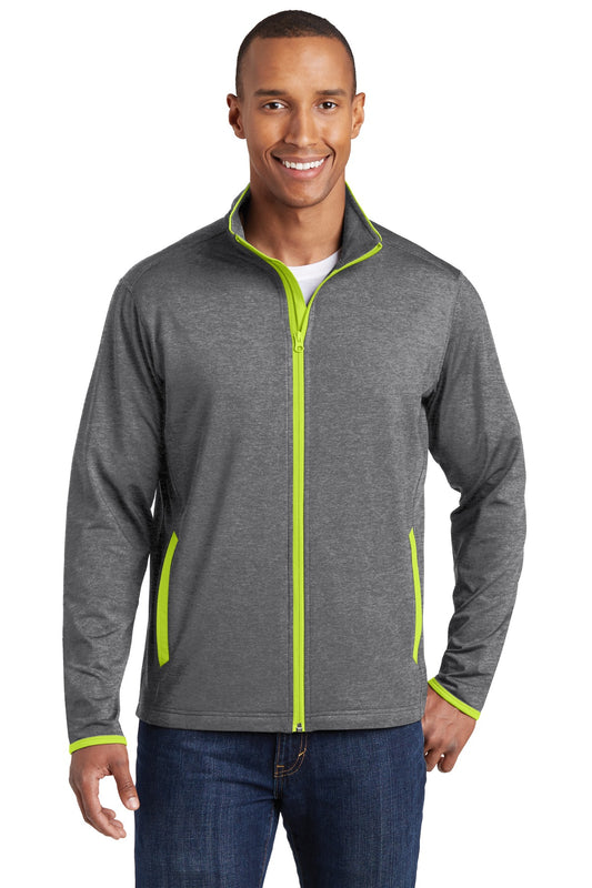 Sport-Tek Sport-Wick Stretch Contrast Full-Zip Jacket.  ST853 Charcoal Grey Heather/ Charge Green