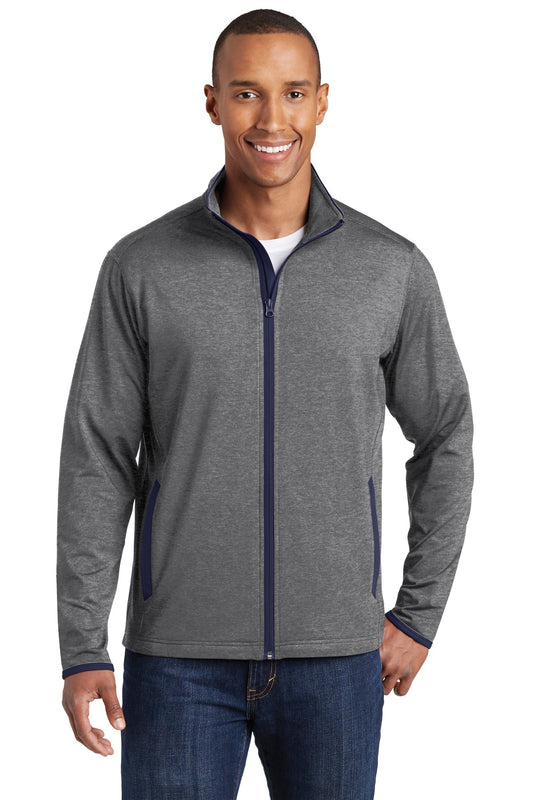 Sport-Tek Sport-Wick Stretch Contrast Full-Zip Jacket.  ST853 Charcoal Grey Heather/ True Navy