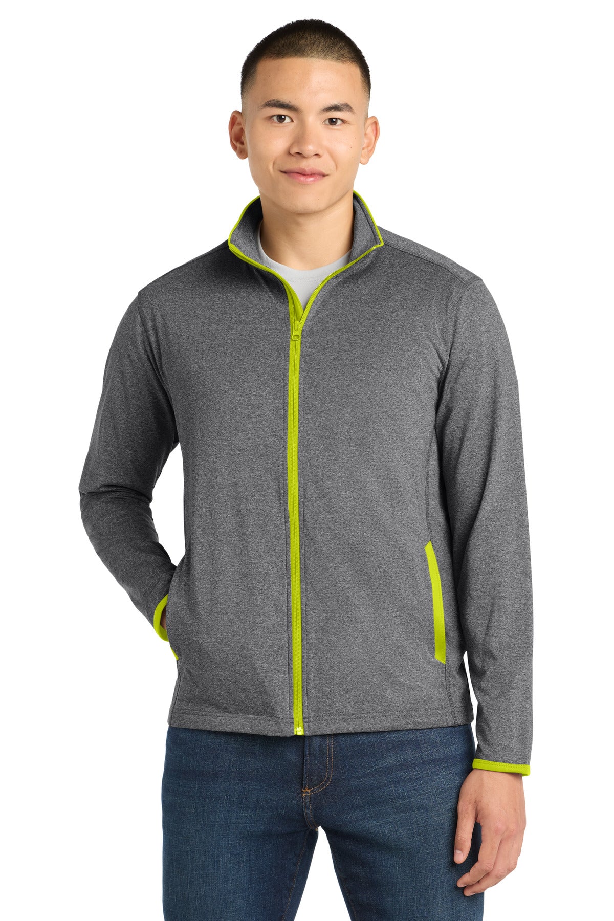 Sport-Tek Sport-Wick Stretch Contrast Full-Zip Jacket ST853 Charcoal Grey Heather/ Charge Green