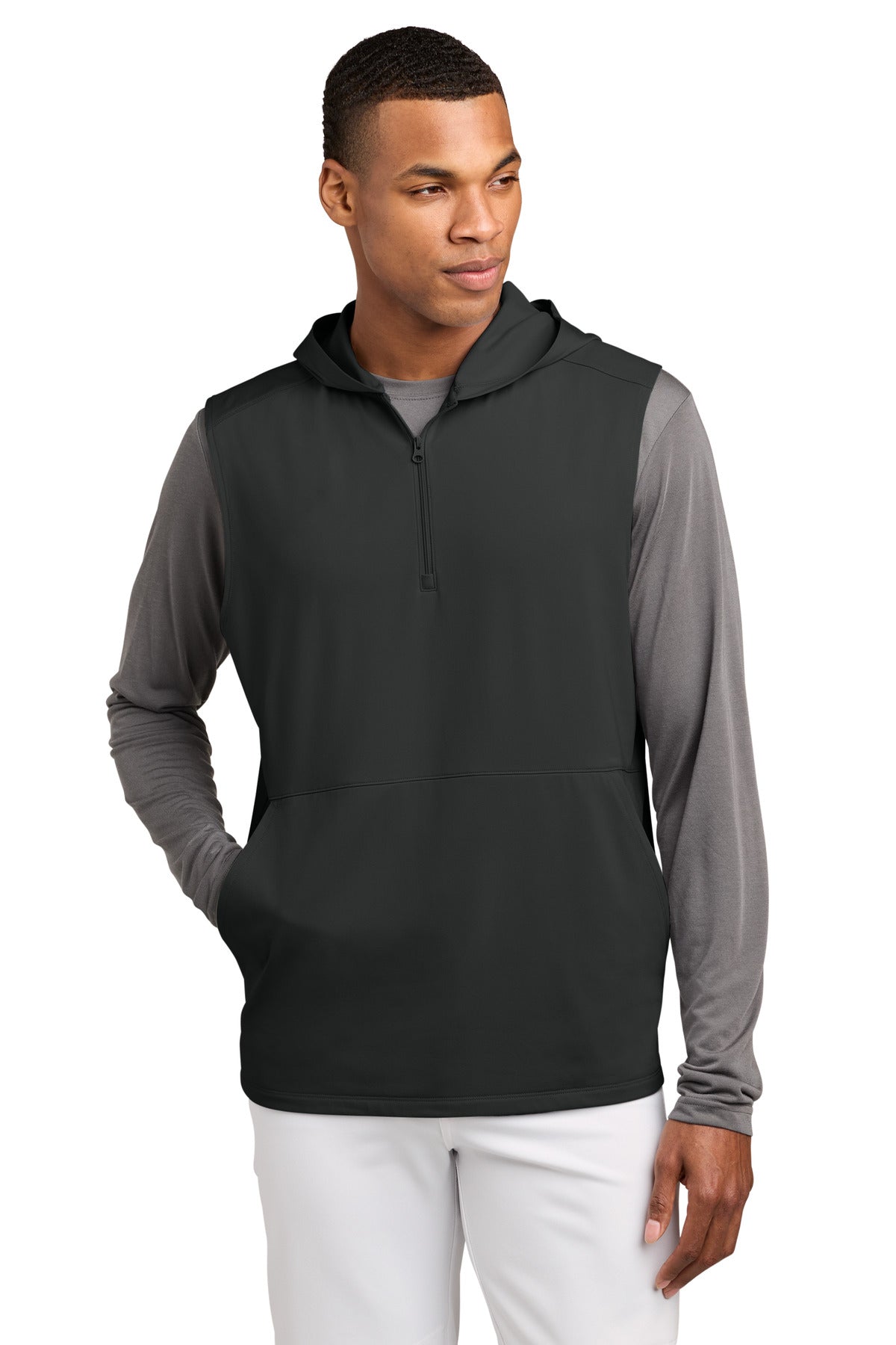 Sport-Tek Sport-Wick Stretch Sleeveless Hooded 1/4-Zip ST858 Charcoal Grey