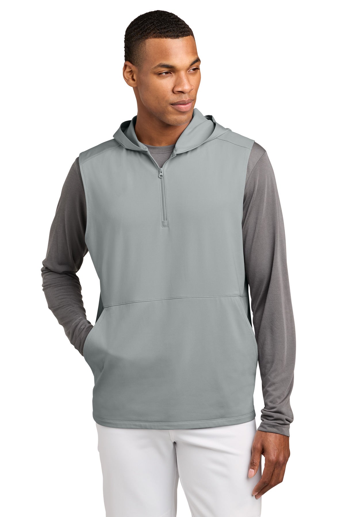 Sport-Tek Sport-Wick Stretch Sleeveless Hooded 1/4-Zip ST858 Silver