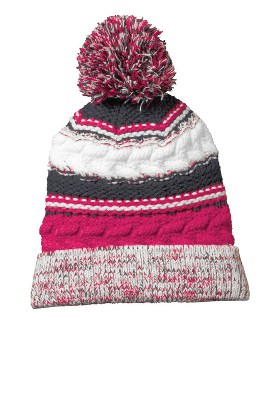 Sport-Tek Pom Pom Team Beanie STC21 Pink Raspberry/ Iron Grey/ White