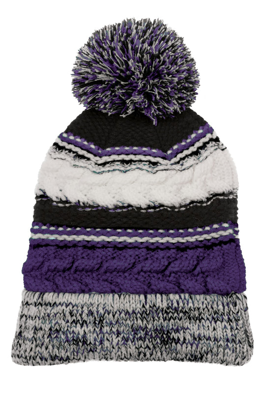 Sport-Tek Pom Pom Team Beanie STC21 Purple/ Black/ White