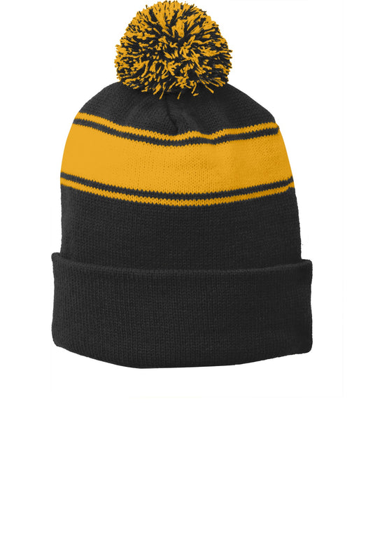 Sport-Tek Stripe Pom Pom Beanie STC28 Black/ Gold