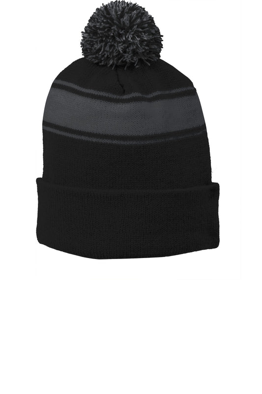 Sport-Tek Stripe Pom Pom Beanie STC28 Black/ Iron Grey