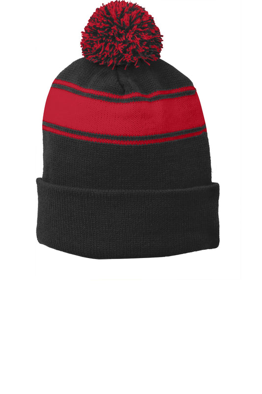 Sport-Tek Stripe Pom Pom Beanie STC28 Black/ True Red