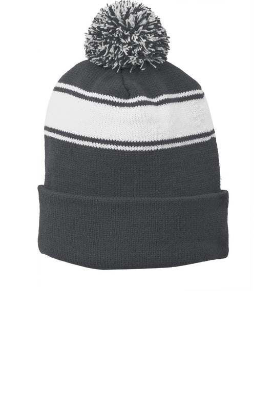 Sport-Tek Stripe Pom Pom Beanie STC28 Iron Grey/ White