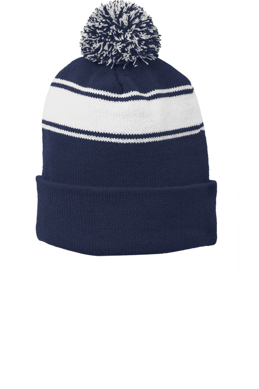 Sport-Tek Stripe Pom Pom Beanie STC28 True Navy/ White