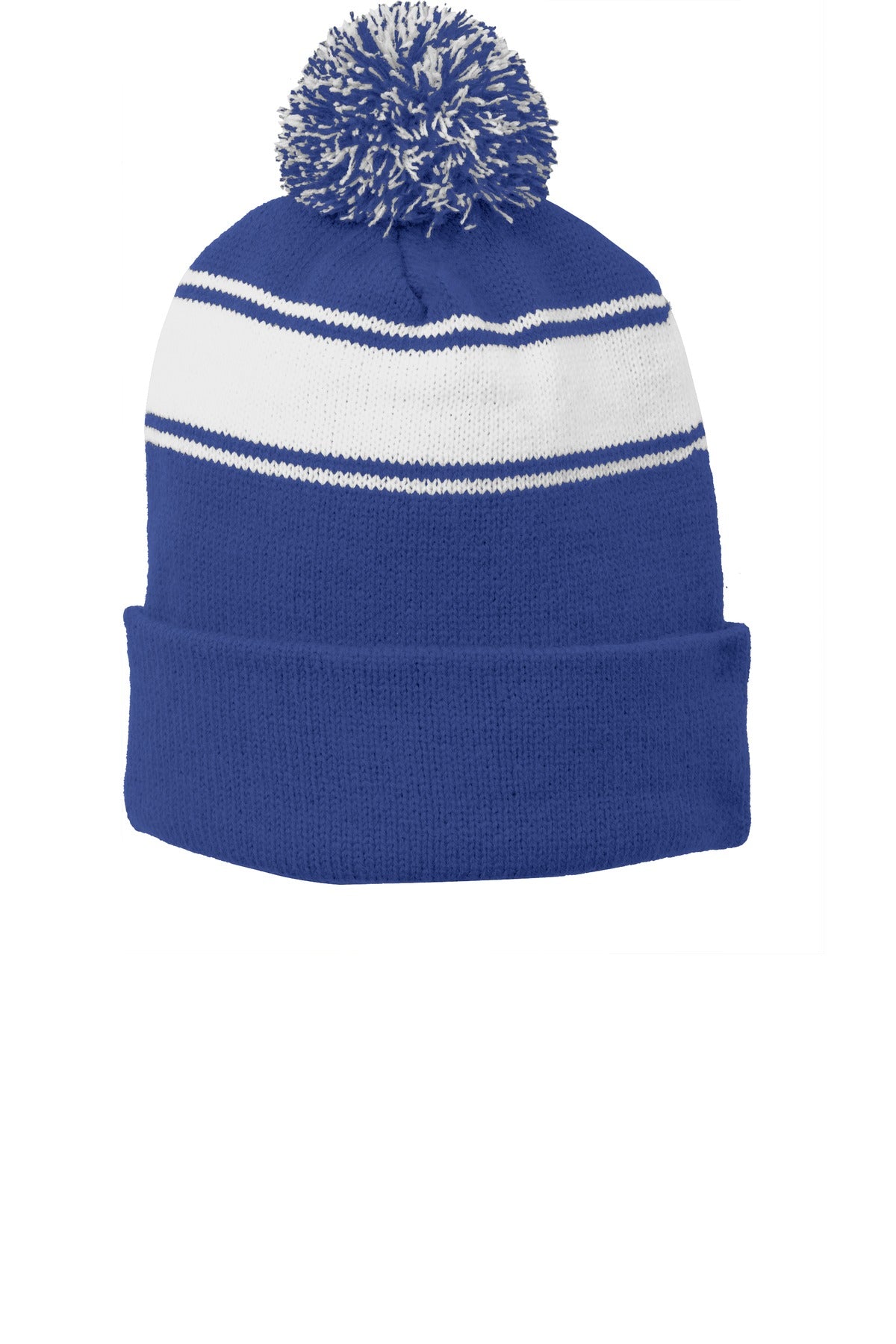 Sport-Tek Stripe Pom Pom Beanie STC28 True Royal/ White