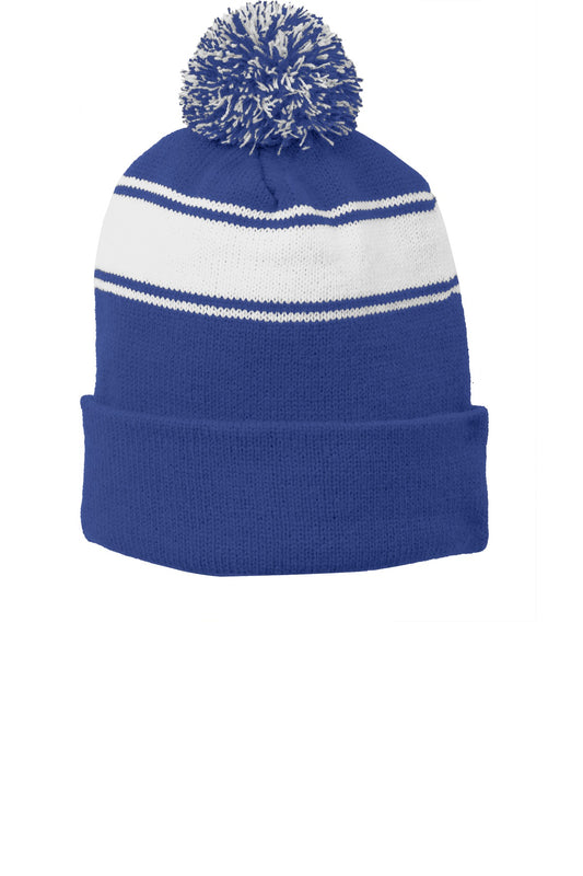 Sport-Tek Stripe Pom Pom Beanie STC28 True Royal/ White