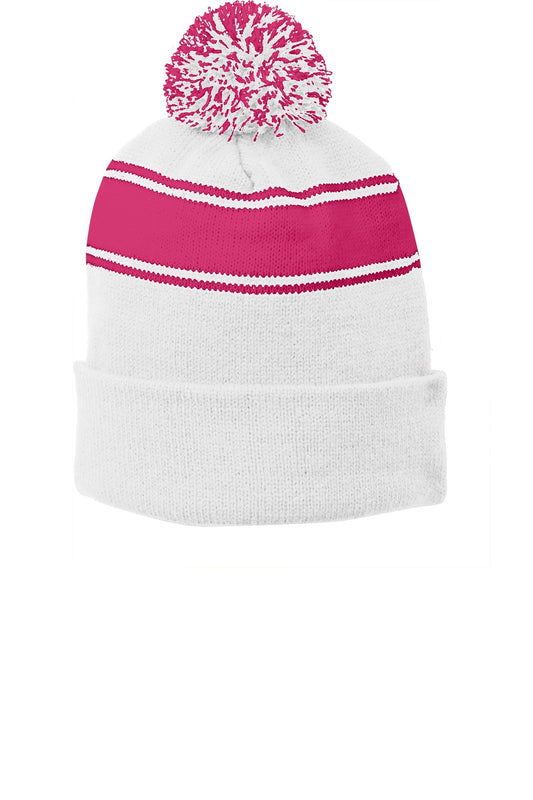 Sport-Tek Stripe Pom Pom Beanie STC28 White/ Pink Raspberry