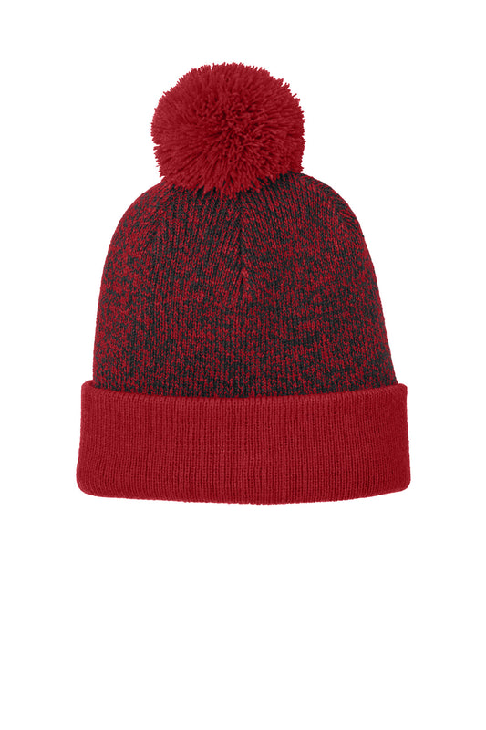 Sport-Tek Halftime Heather Pom Beanie STC68 Deep Red/ Black