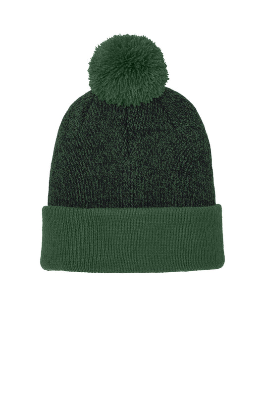 Sport-Tek Halftime Heather Pom Beanie STC68 Forest Green/ Black