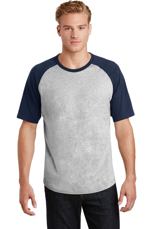 Sport-Tek Short Sleeve Colorblock Raglan Jersey. T201 Heather Grey/ Navy