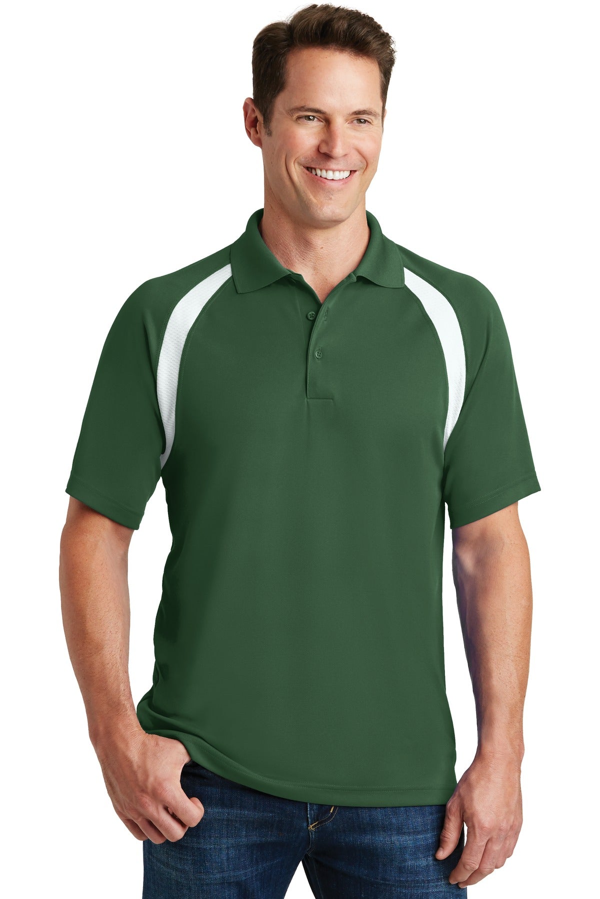 Sport-Tek Dry Zone Colorblock Raglan Polo. T476 Forest Green/ White