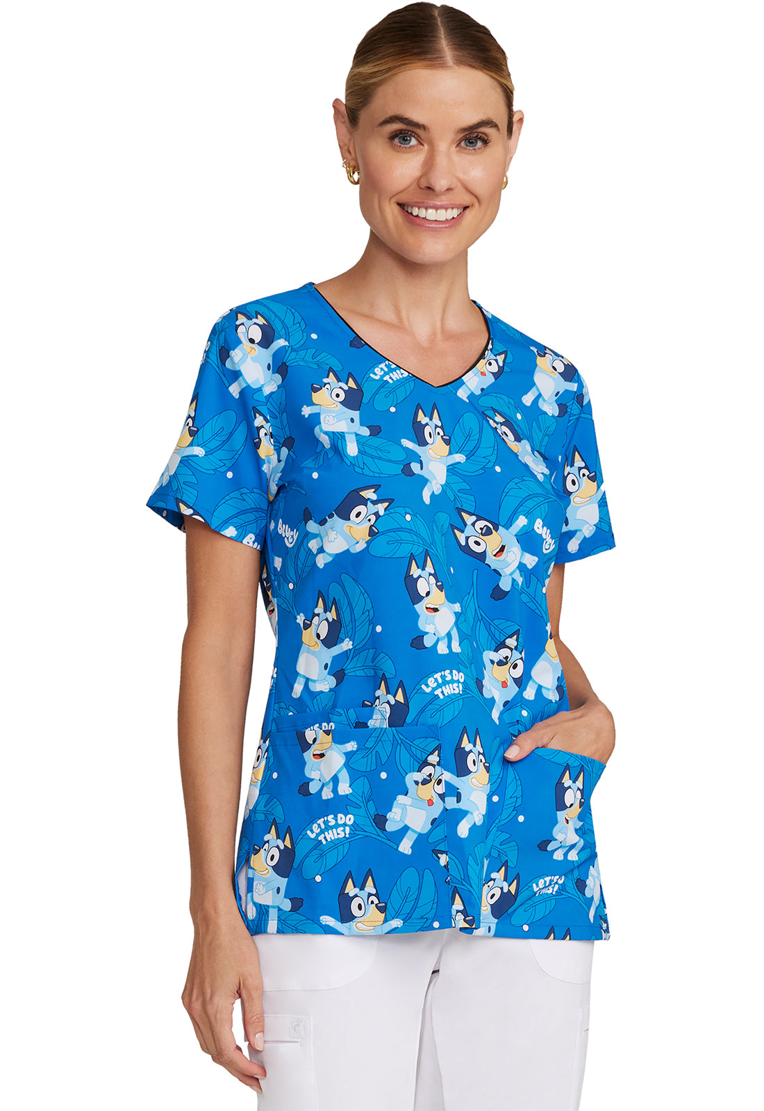 Licensed TF614 V-Neck Print Top Bluey Model Image Left Side | Tooniforms