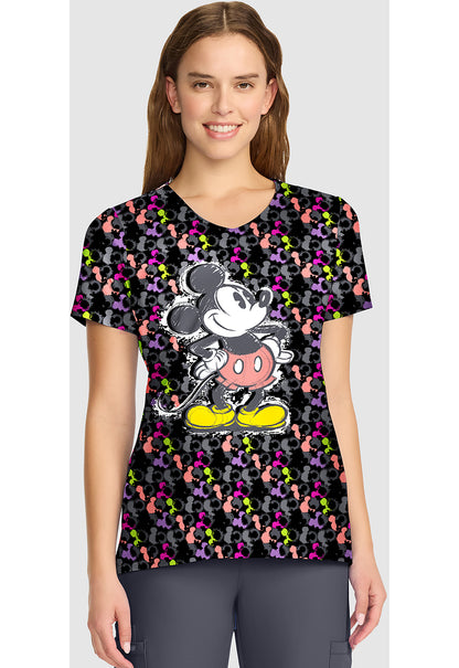 Tooniforms TF626 Women's V-Neck Print Scrub Top Iconic Mickey