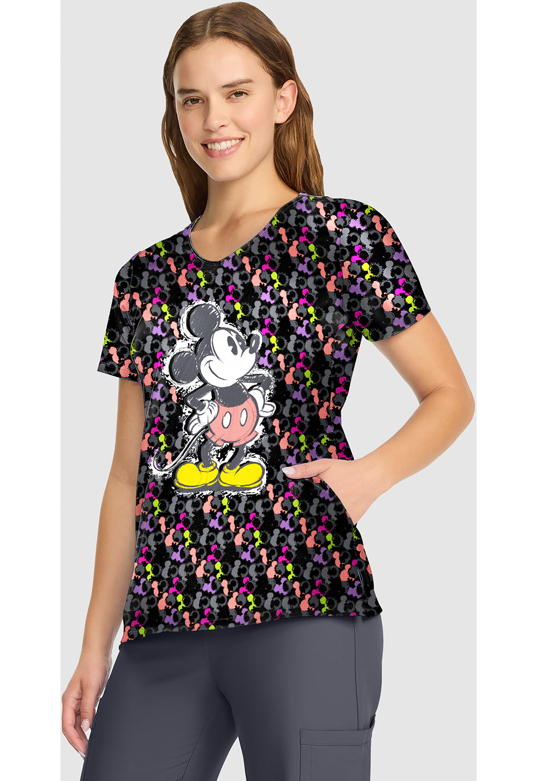 Tooniforms TF626 Women's V-Neck Print Scrub Top Iconic Mickey