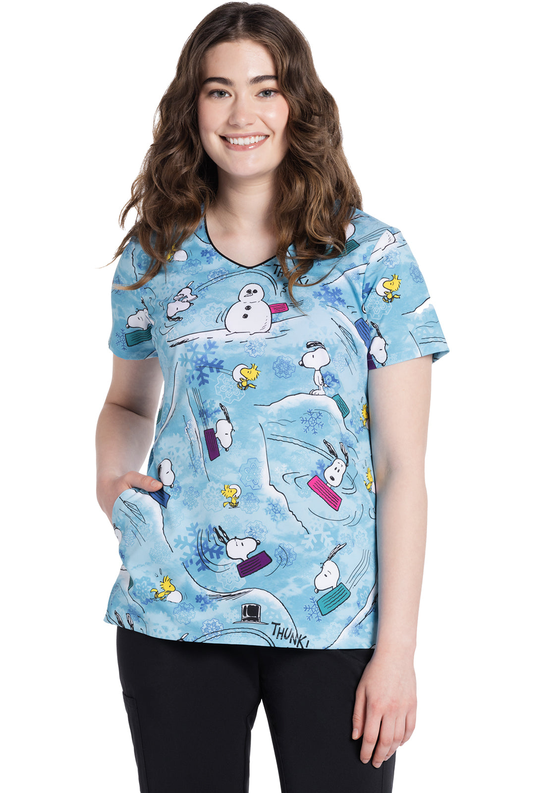 Licensed TF626 V-Neck Print Top Sledding Snoopy Model Image Front | Tooniforms