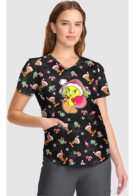 Tooniforms TF737 Women's V-Neck Print Scrub Top Ginger Tweet
