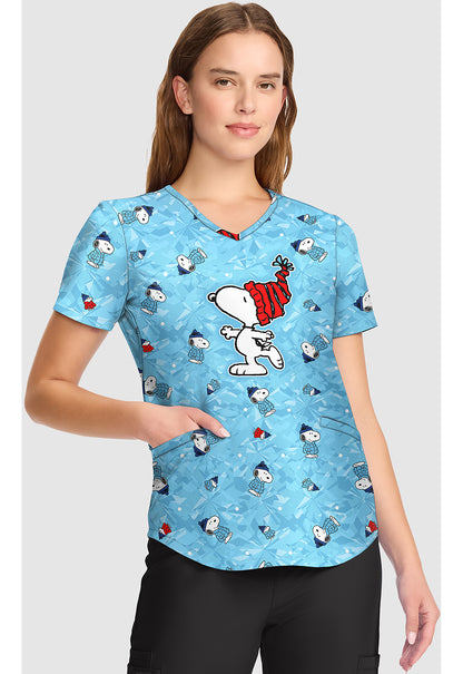 Tooniforms TF737 Women's V-Neck Print Scrub Top Snoopy On Ice