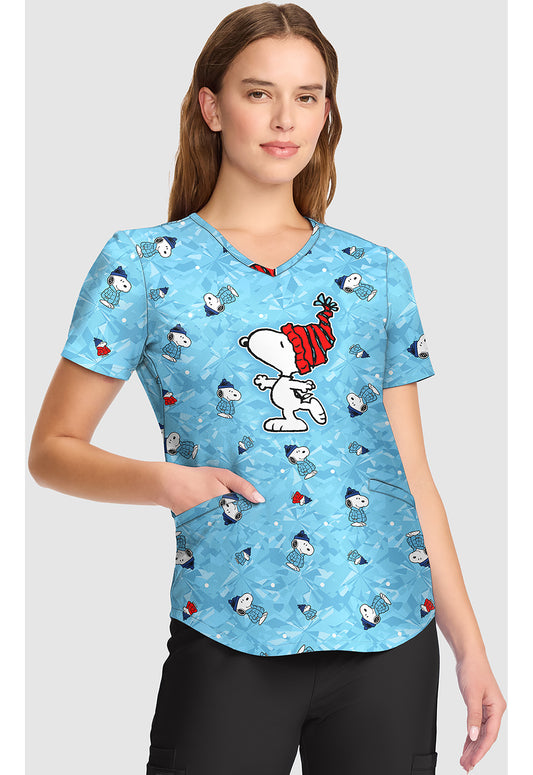 Tooniforms TF737 Women's V-Neck Print Scrub Top Snoopy On Ice