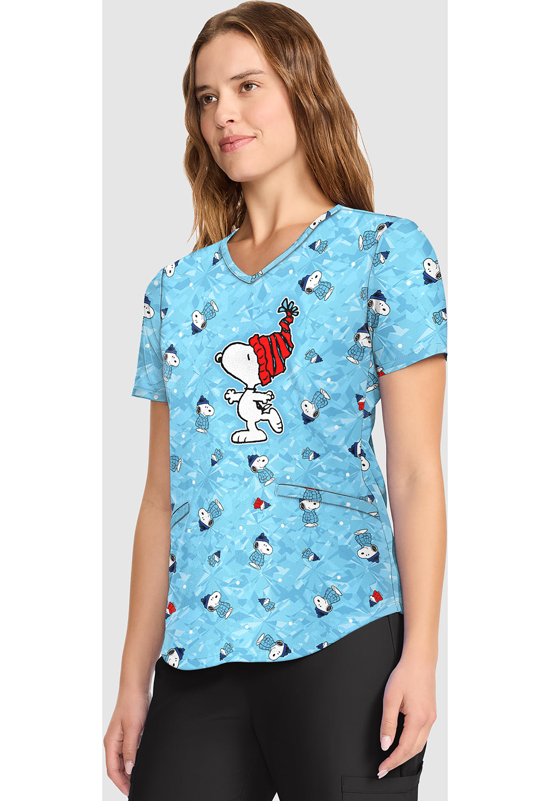 Tooniforms TF737 Women's V-Neck Print Scrub Top Snoopy On Ice