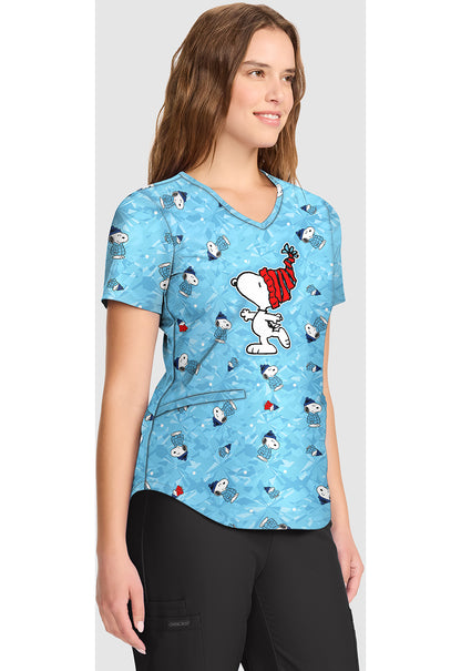 Tooniforms TF737 Women's V-Neck Print Scrub Top Snoopy On Ice
