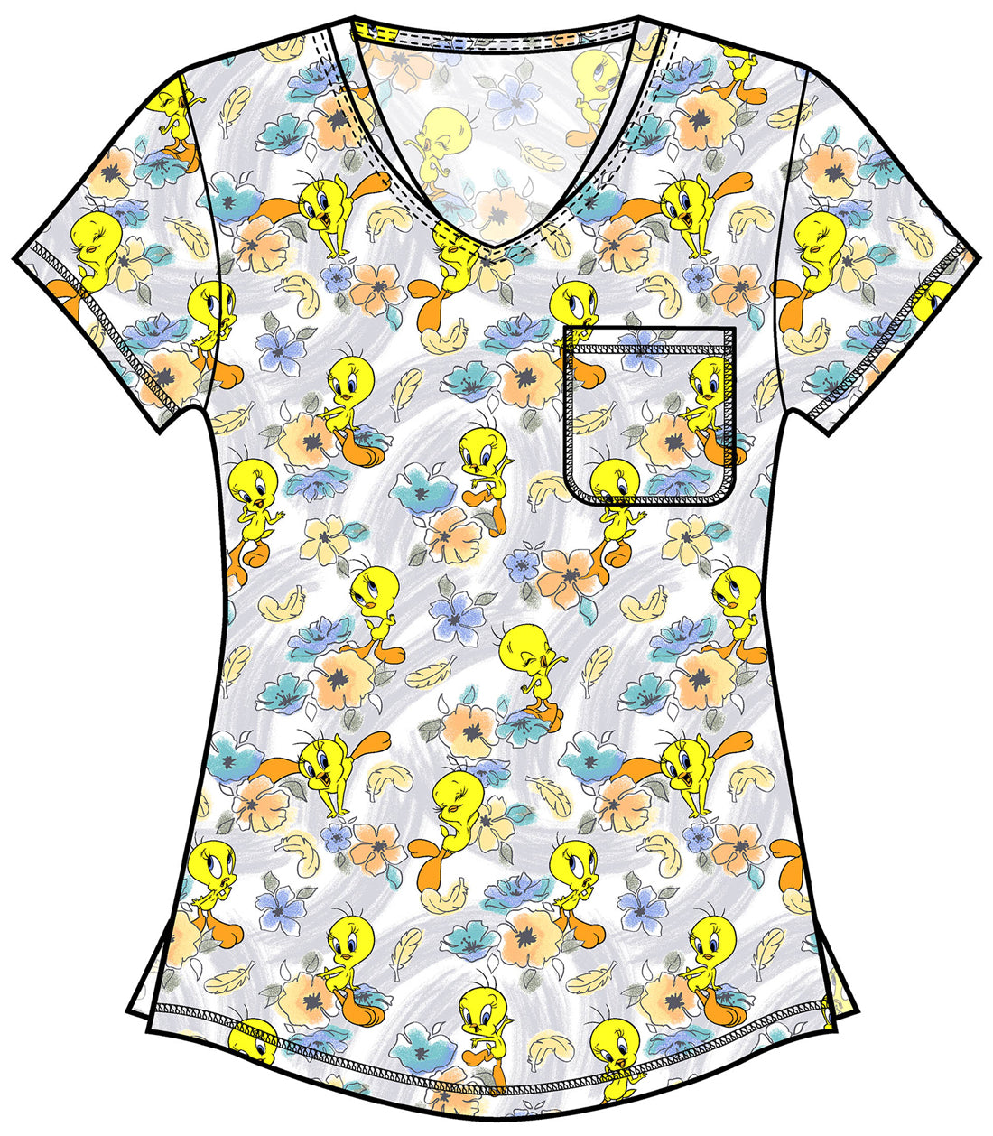 Licensed TF786 Rounded Print V-Neck Top Tweety Bird Dimension Model Image Front | Tooniforms