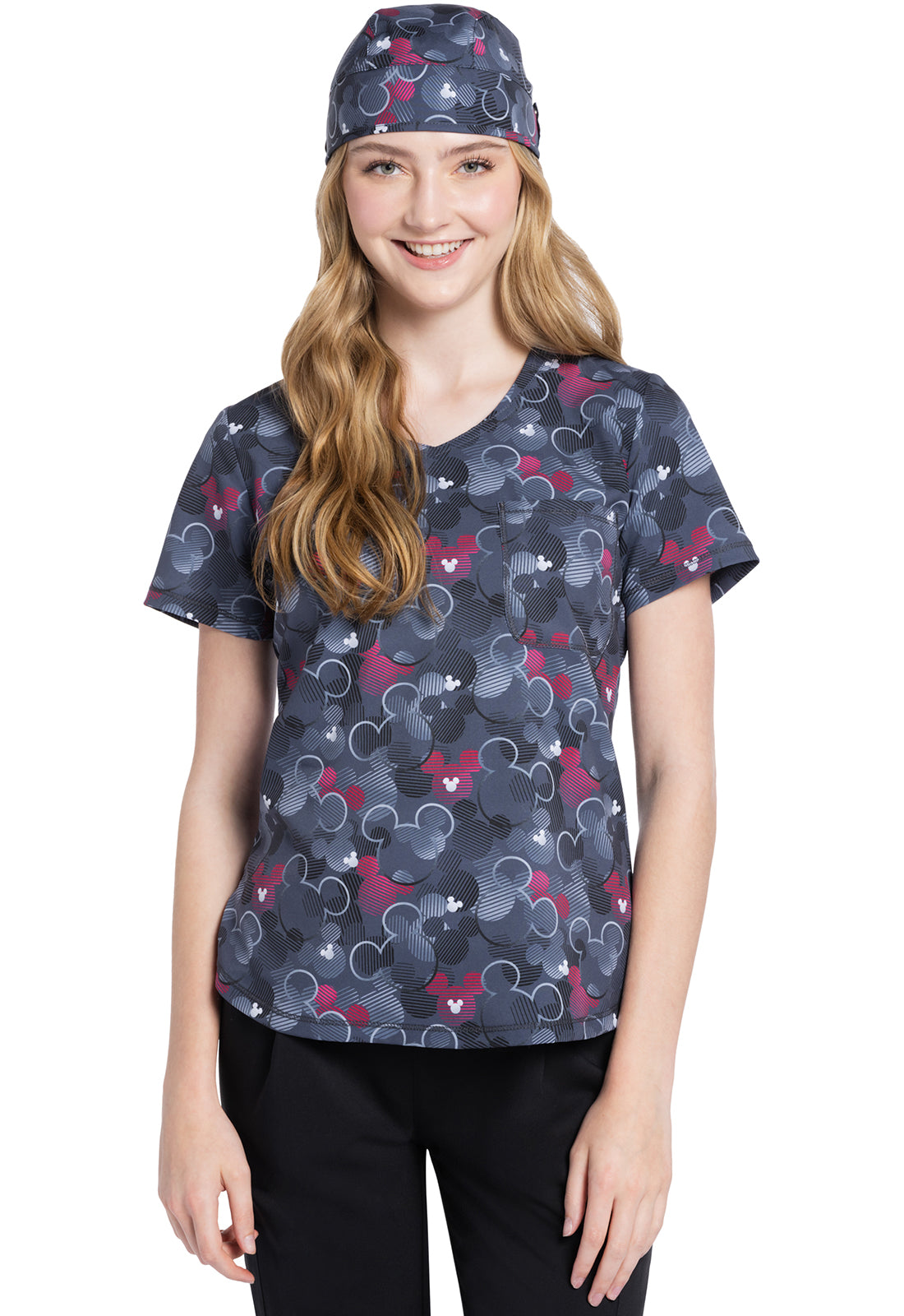 Licensed TF786 Rounded Print V-Neck Top Feeling Mickey Model Image Front | Tooniforms