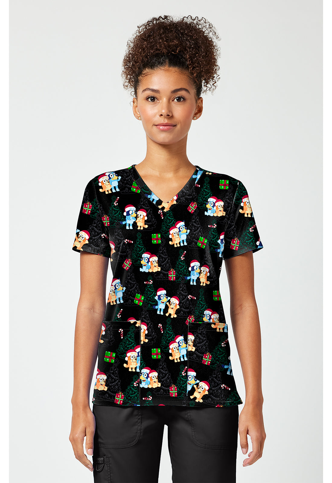 Tooniforms TF796 Women's Print V-Neck Scrub Top Santa Bluey