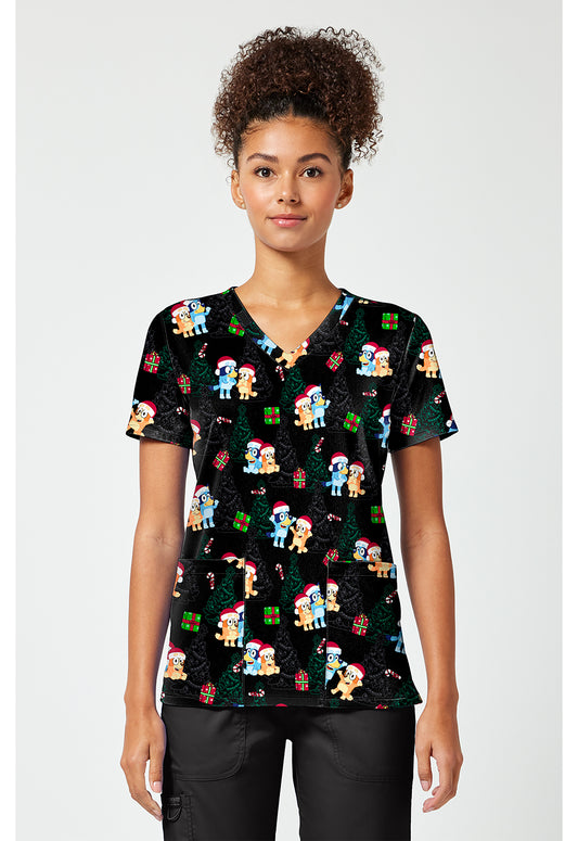 Tooniforms TF796 Women's Print V-Neck Scrub Top Santa Bluey