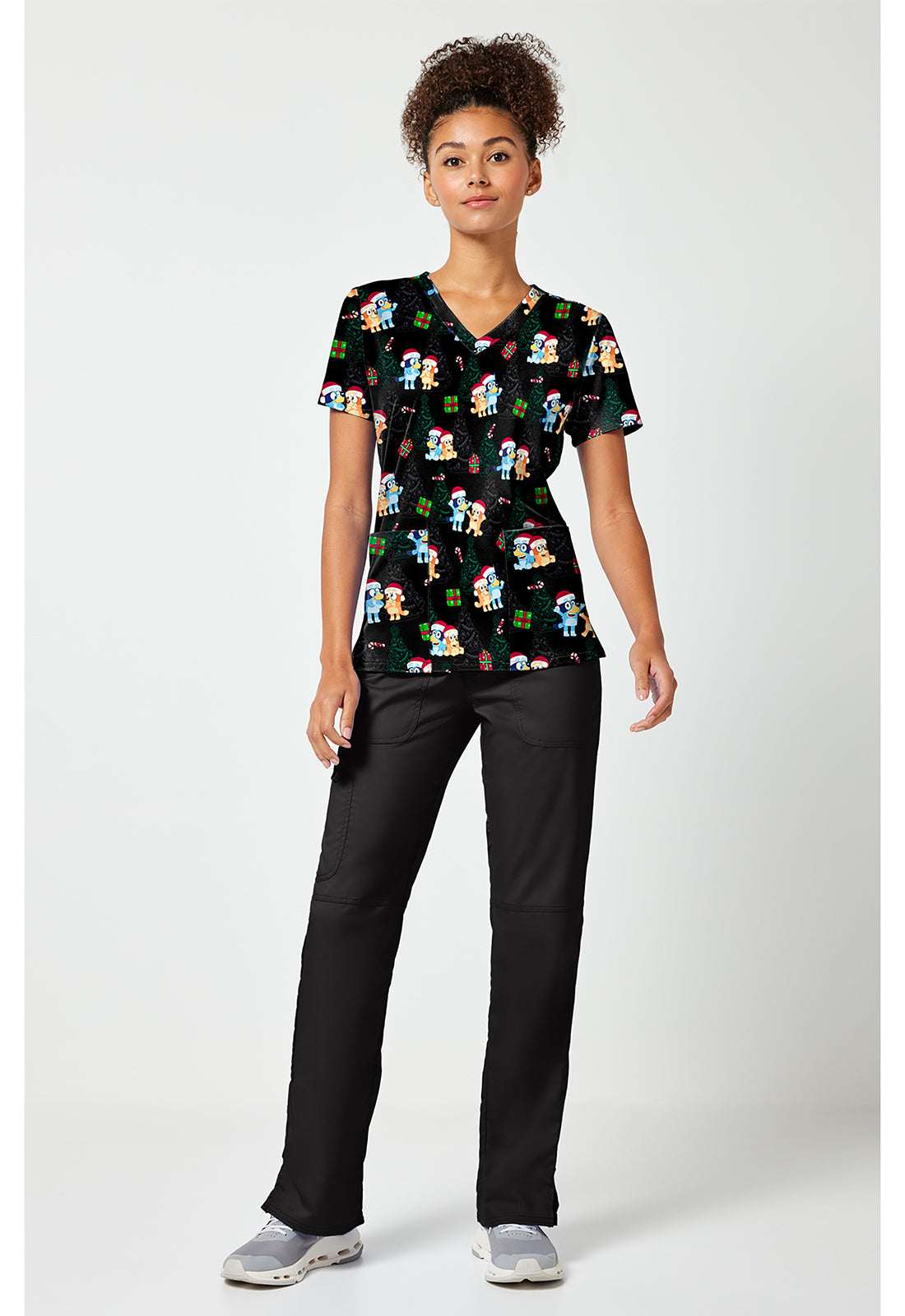 Tooniforms TF796 Women's Print V-Neck Scrub Top Santa Bluey