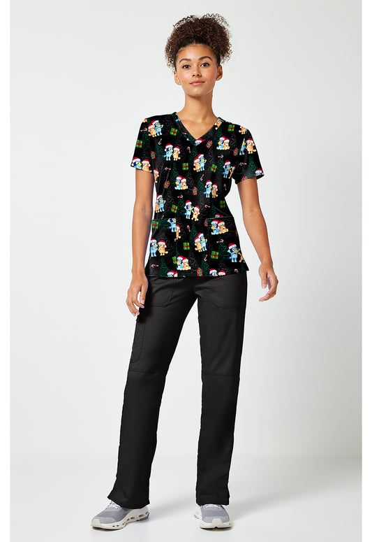 Tooniforms TF796 Women's Print V-Neck Scrub Top Santa Bluey