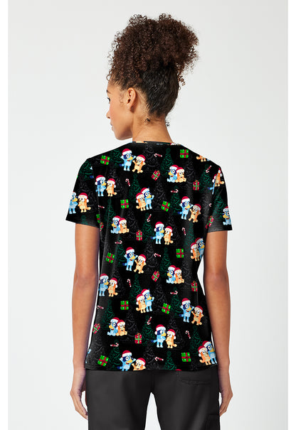 Tooniforms TF796 Women's Print V-Neck Scrub Top Santa Bluey